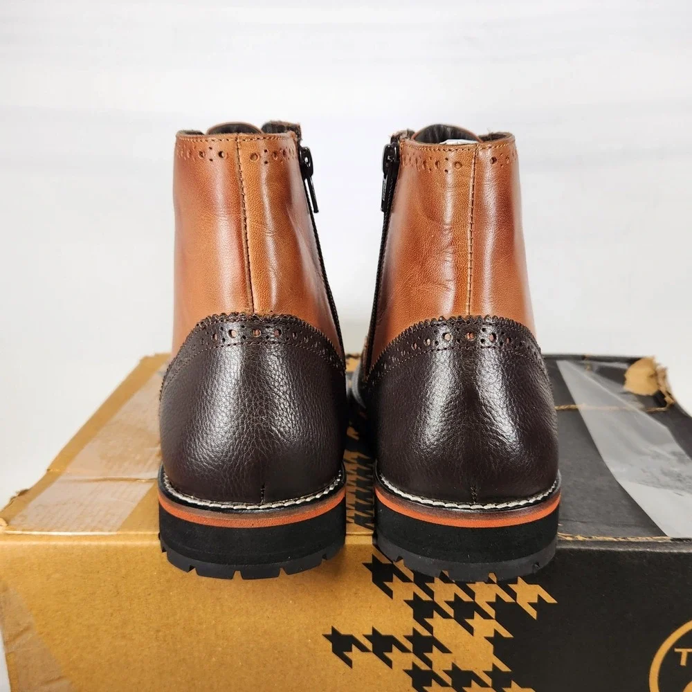 Thomas & Vine Elijah Boot Mens Size 8 Tan Two-Tone Leather Wingtip Brogue Zip Up